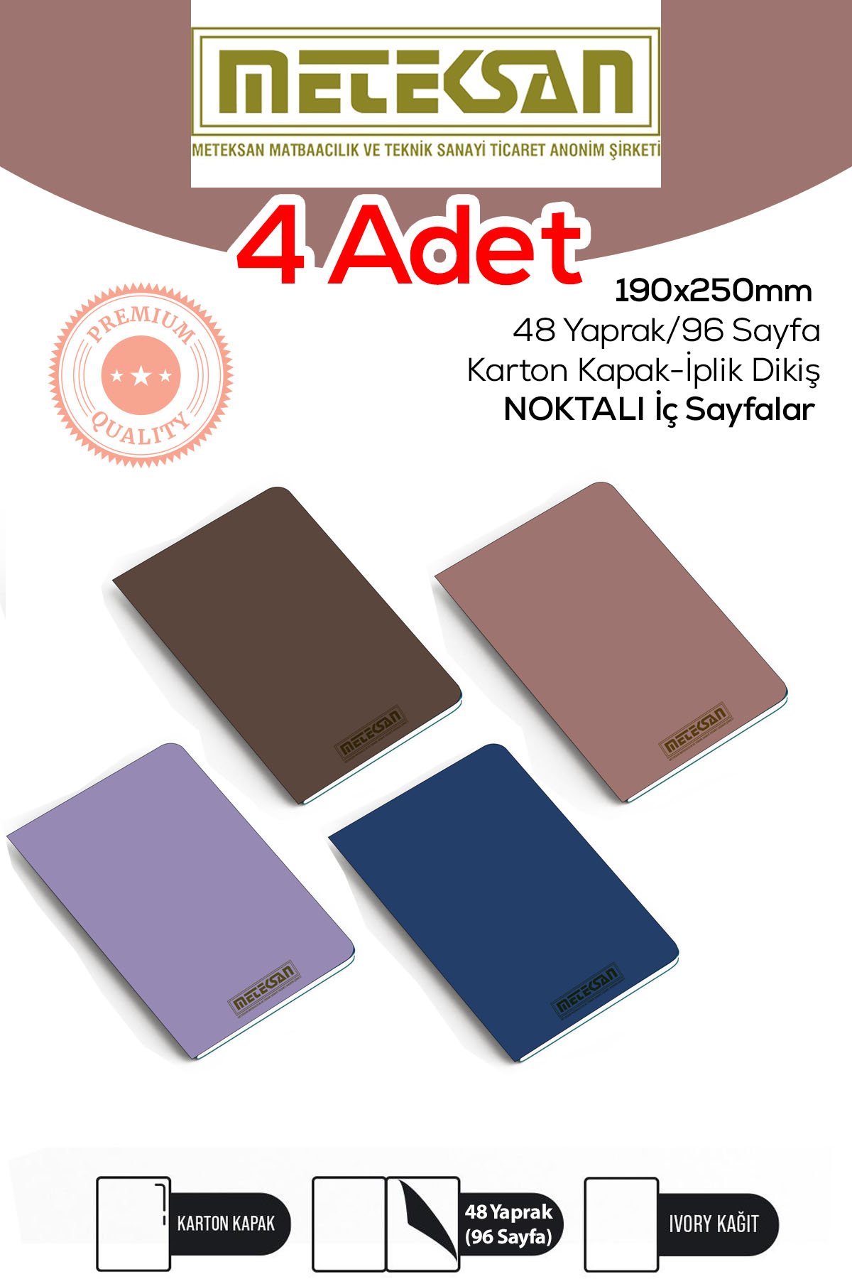 Meteksan 4'lü 19x25 Cm Ebat Not Defteri ivory Kağıt Dokulu Karton Kapak İplik Dikiş