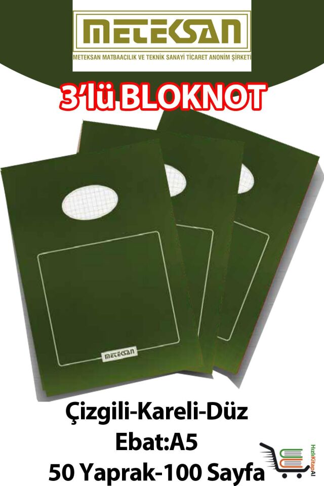 Meteksan 3 Adet A5 Ebat 50 Yaprak(100 Sayfa) Bloknot-Meteksan