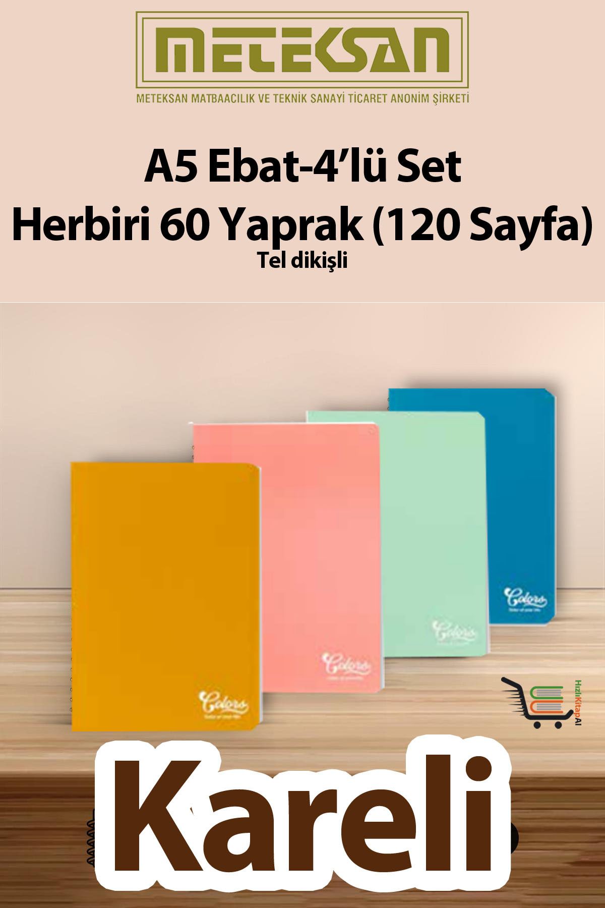 Meteksan 60 Yaprak (120 Sayfa) Okul Defteri - Not Defteri 4'lü Set A5 Ebat Tel Dikişli Karton Kapak
