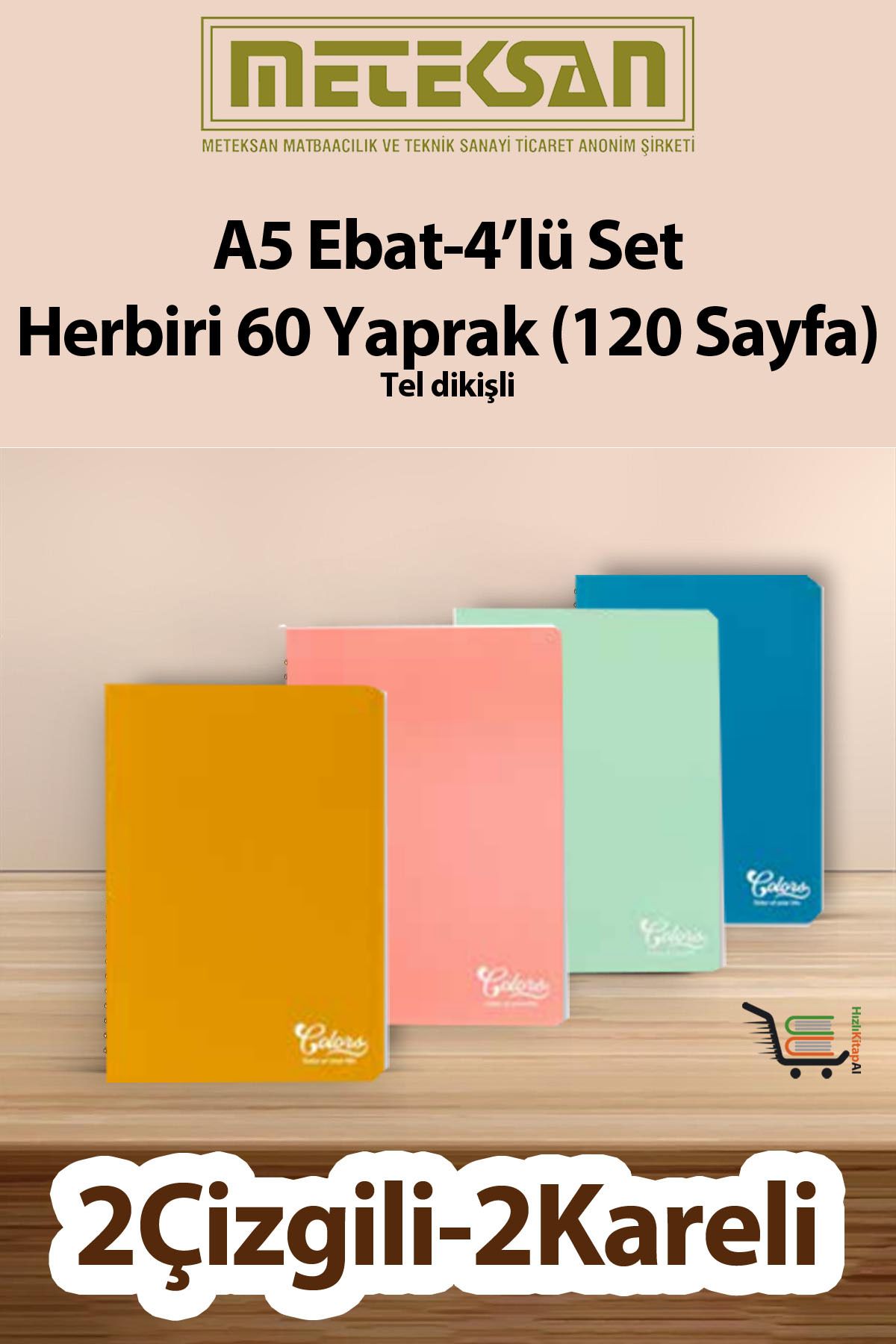 Meteksan 60 Yaprak (120 Sayfa) Okul Defteri - Not Defteri 4'lü Set A5 Ebat Tel Dikişli Karton Kapak