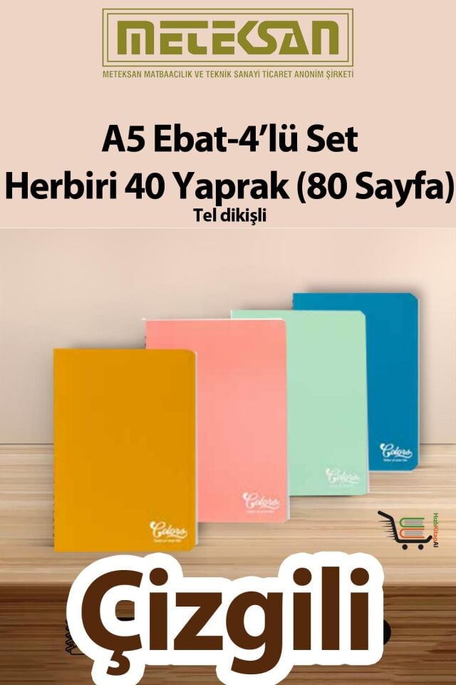 40 Yaprak (80 Sayfa) Okul Defteri - Not Defteri 4'lü Set A5 Ebat Tel Dikişli Karton Kapak