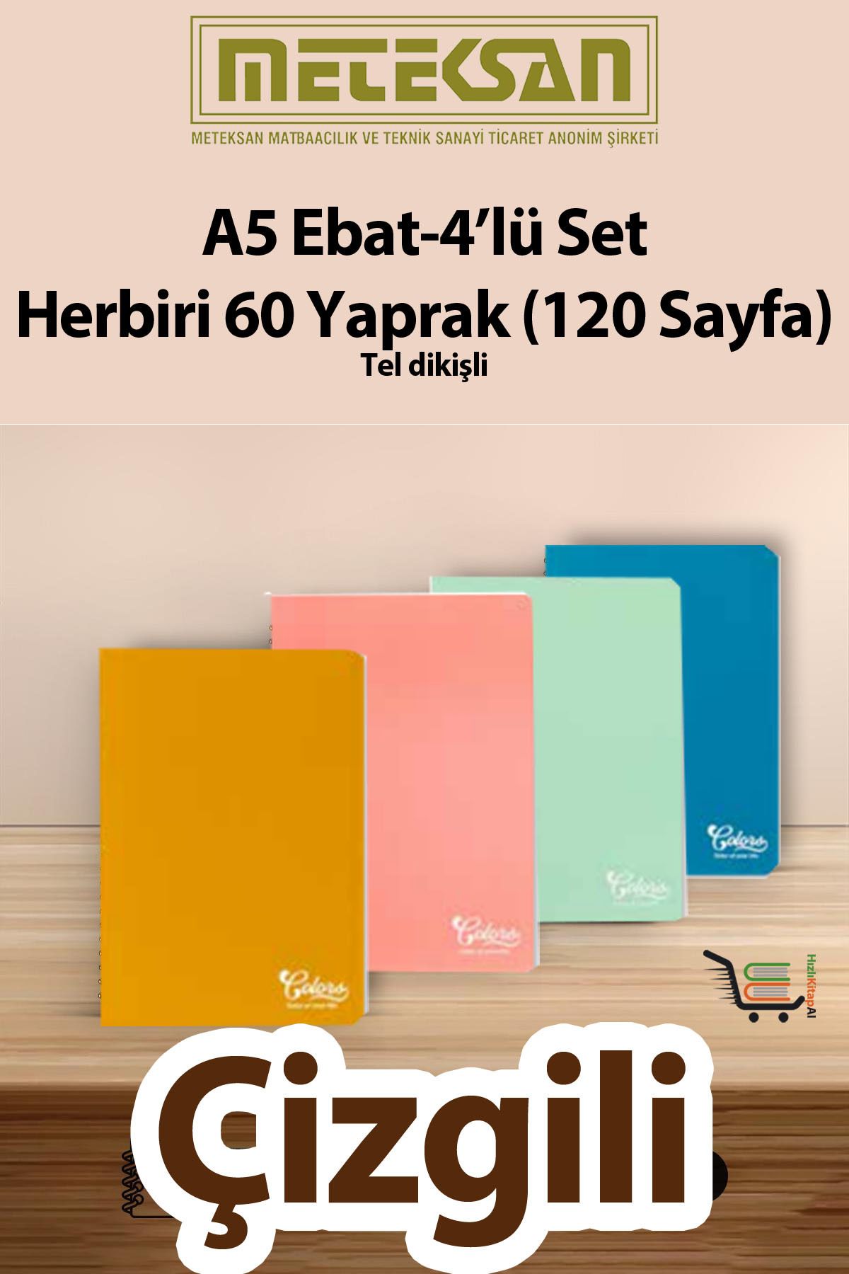 60 Yaprak (120 Sayfa) Okul Defteri - Not Defteri 4'lü Set A5 Ebat Tel Dikişli Karton Kapak