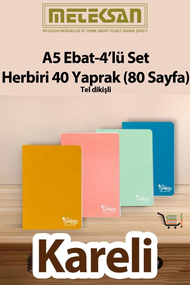 40 Yaprak (80 Sayfa) Okul Defteri - Not Defteri 4'lü Set A5 Ebat Tel Dikişli Karton Kapak