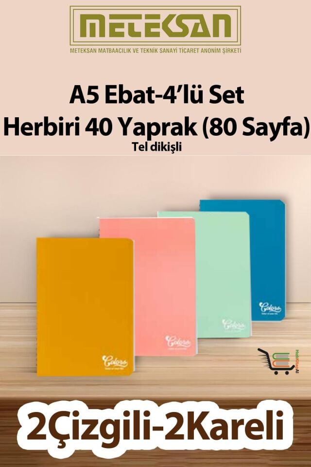 40 Yaprak (80 Sayfa) Okul Defteri - Not Defteri 4'lü Set A5 Ebat Tel Dikişli Karton Kapak