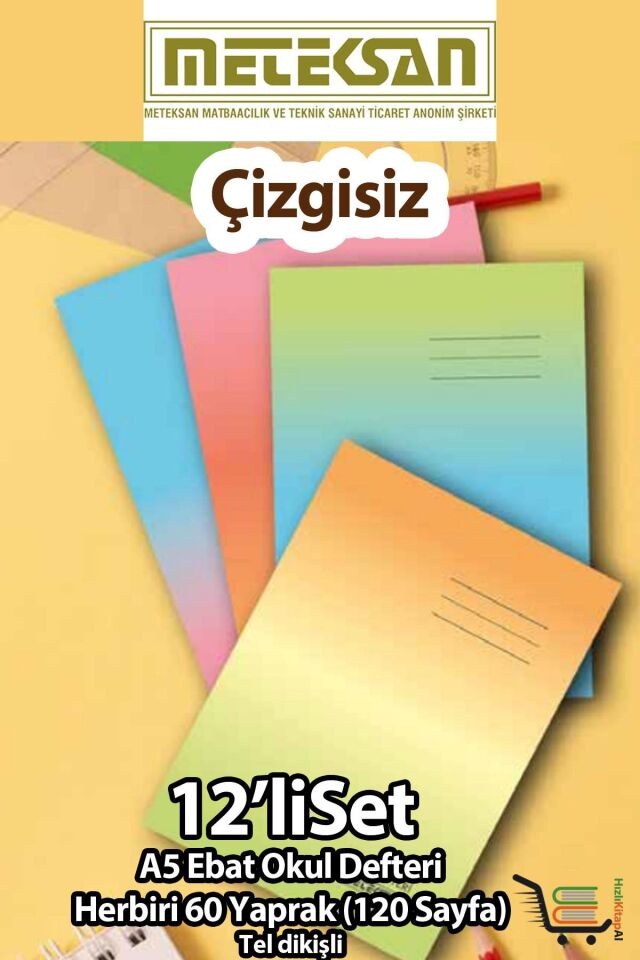 Meteksan 12'li Çizgisiz Okul Defteri A5 Ebat 60 Yaprak (120 Sayfa) Karton Kapak Tel Dikişli