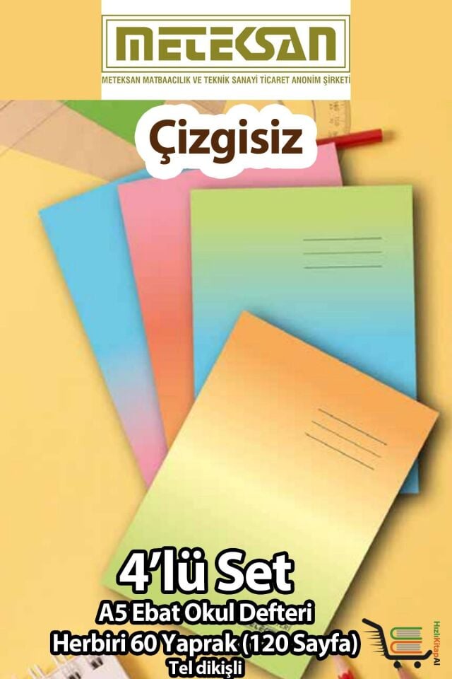 Meteksan 4'lü Çizgisiz Okul Defteri A5 Ebat 60 Yaprak (120 Sayfa) Karton Kapak Tel Dikişli