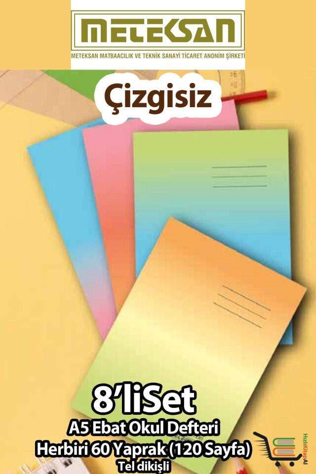 Meteksan 8'li Çizgisiz Okul Defteri A5 Ebat 60 Yaprak (120 Sayfa) Karton Kapak Tel Dikişli
