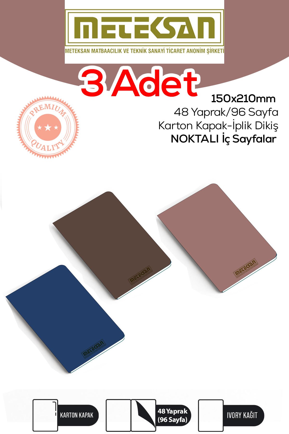 Meteksan 3'lü 15x21 Cm A5 Ebat Not Defteri ivory Kağıt Dokulu Karton Kapak İplik Dikiş