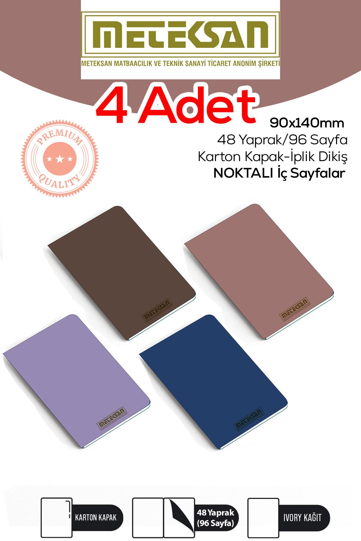 4'lü 9x14 Cm Ebat Not Defteri ivory Kağıt Dokulu Karton Kapak İplik Dikiş
