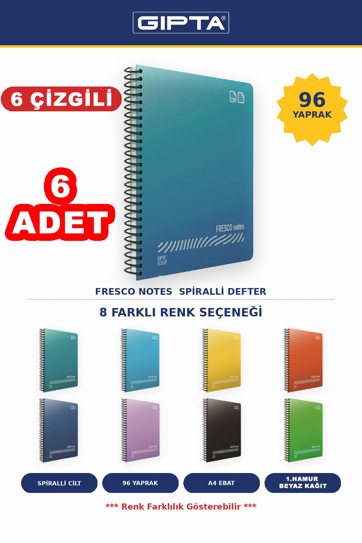 Fresco A4 Ebat 96 Yaprak Çizgili 6'lı Defter Seti