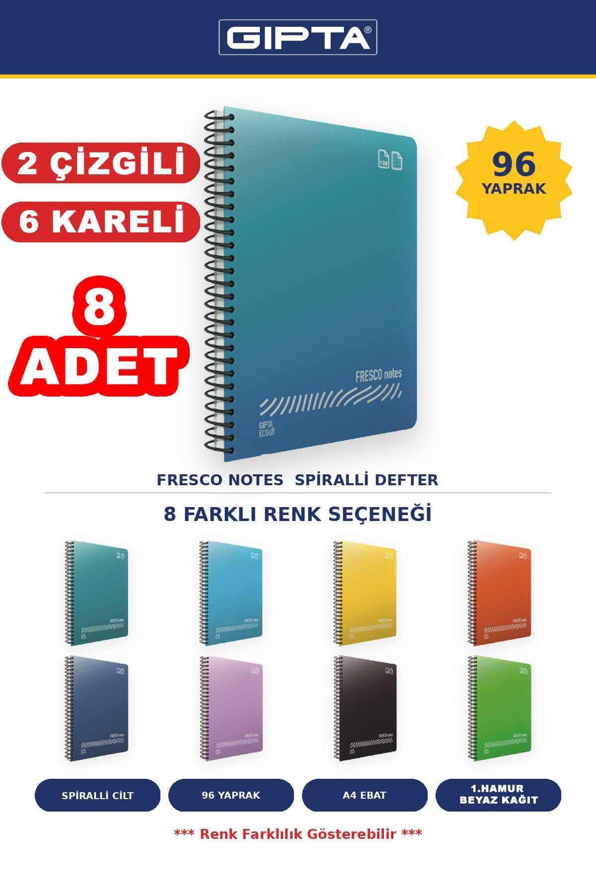 Fresco A4 Ebat 96 Yaprak 6 Kareli + 2 Çizgili 8'li Defter Seti