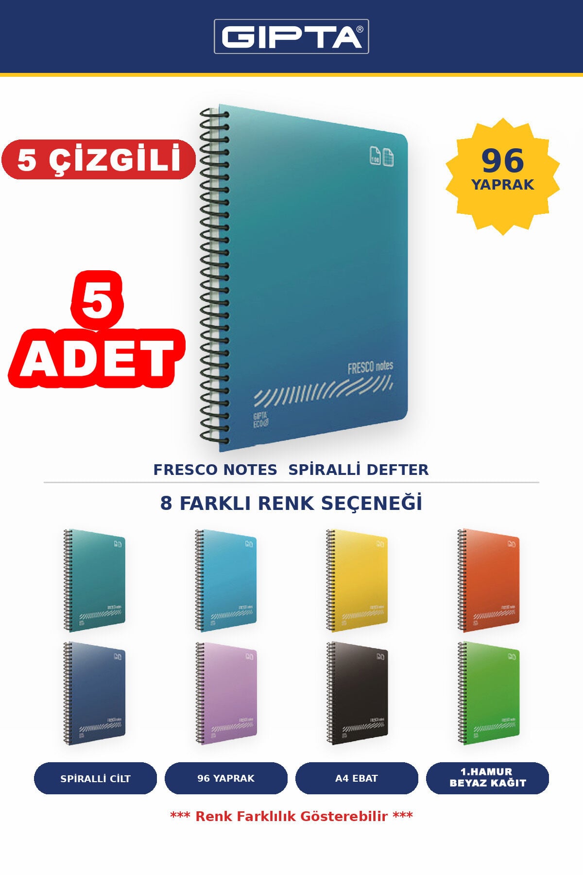 Fresco A4 Ebat 96 Yaprak Çizgili 5'li Defter Seti