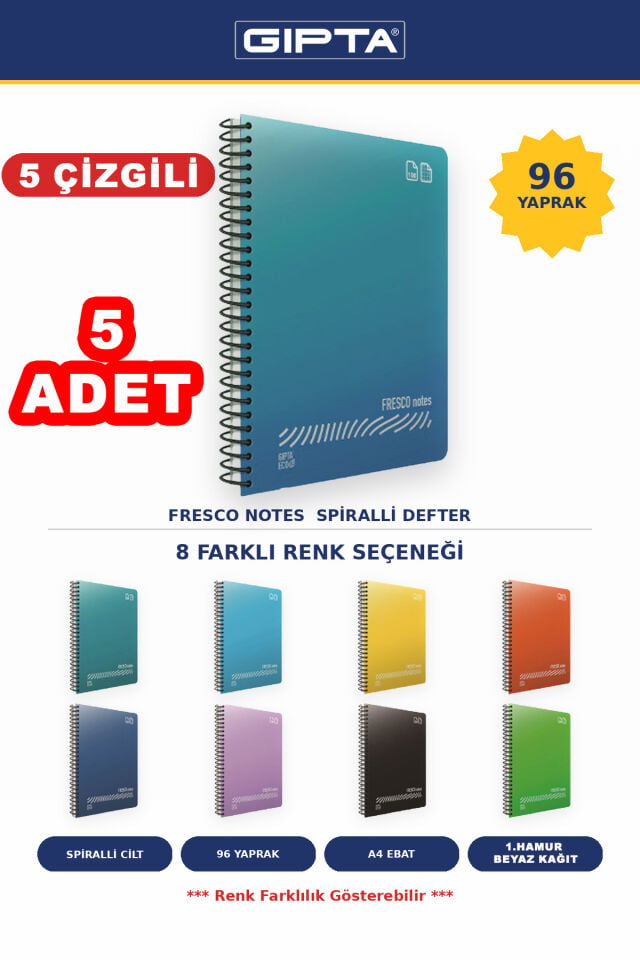 Fresco A4 Ebat 96 Yaprak Çizgili 5'li Defter Seti