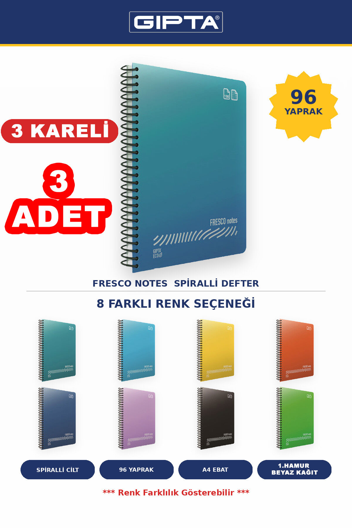 Fresco A4 Ebat 96 Yaprak Kareli 3'lü Defter Seti