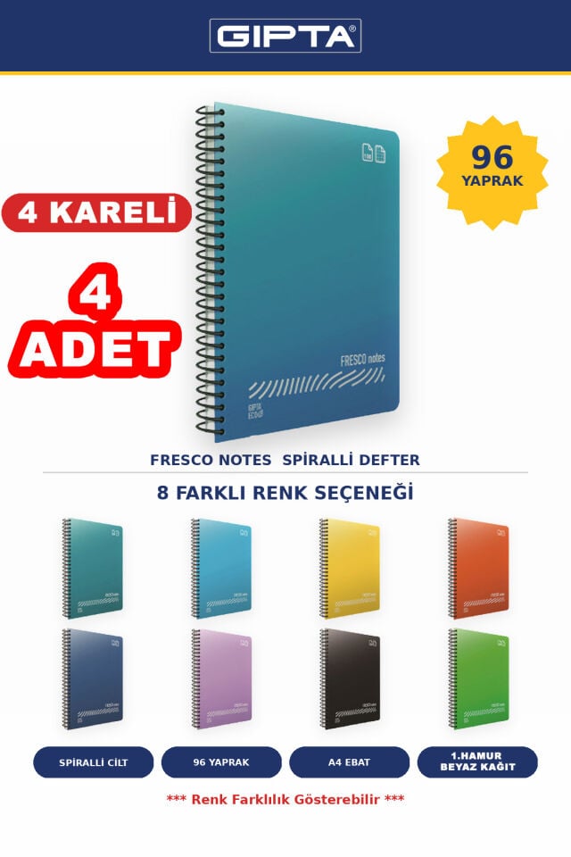 Fresco A4 Ebat 96 Yaprak Kareli 4'lü Defter Seti
