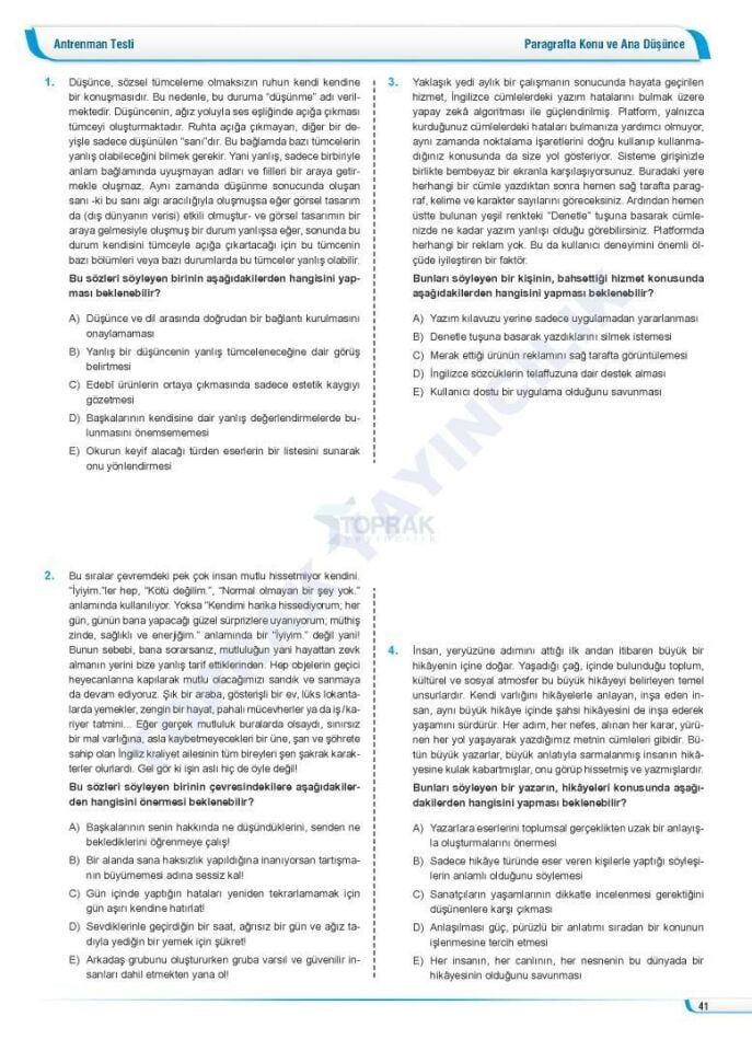 Toprak Paragraf Soru Bankası