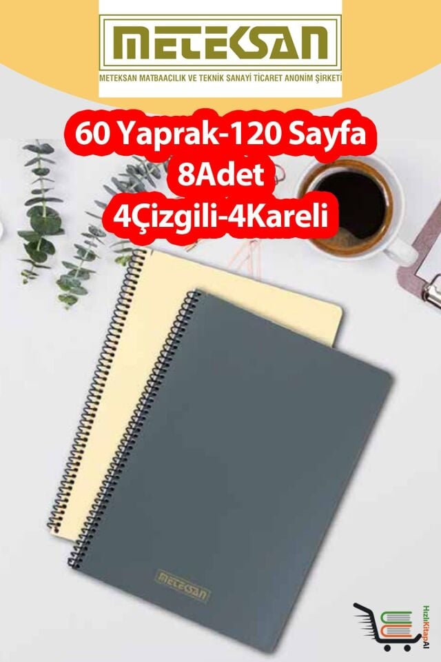 8 Adet A4 Ebat 60 Yaprak(120 Sayfa) Spiralli Plastik Kapaklı Okul Defteri-Meteksan