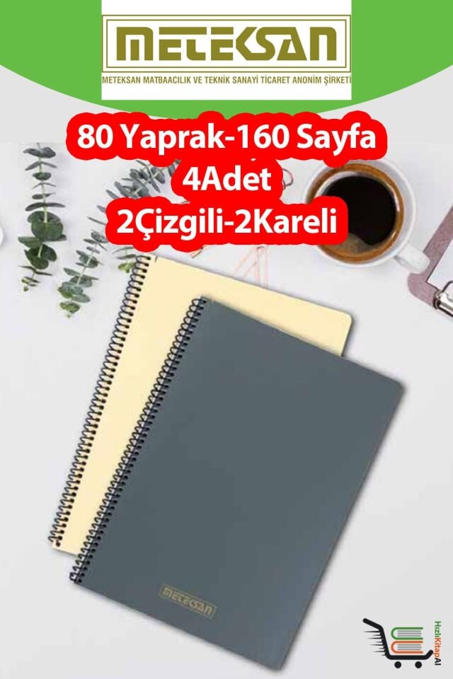 4 Adet A4 Ebat 80 Yaprak(160 Sayfa) Spiralli Plastik Kapaklı Okul Defteri-Meteksan
